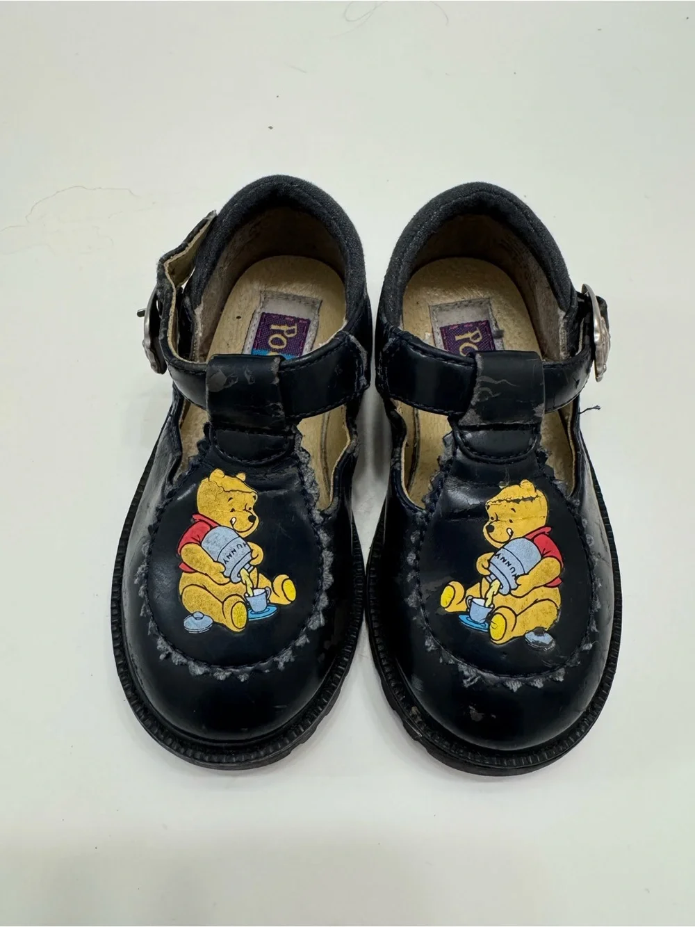 Kids Black Winnie-the-Pooh Leather T-Strap Shoes